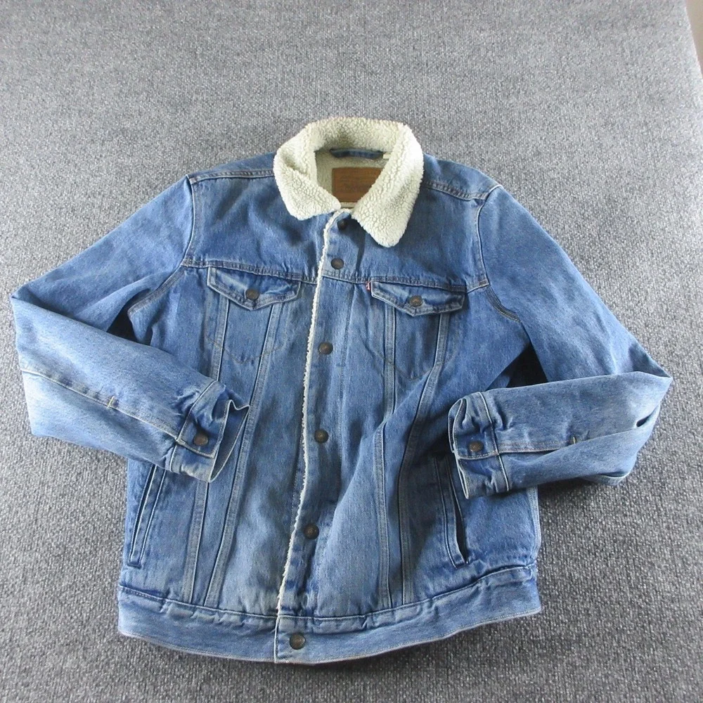 Levis Jacket Mens L Blue Denim Sherpa Lined Trucker Faux Fur Collar Warm Winter